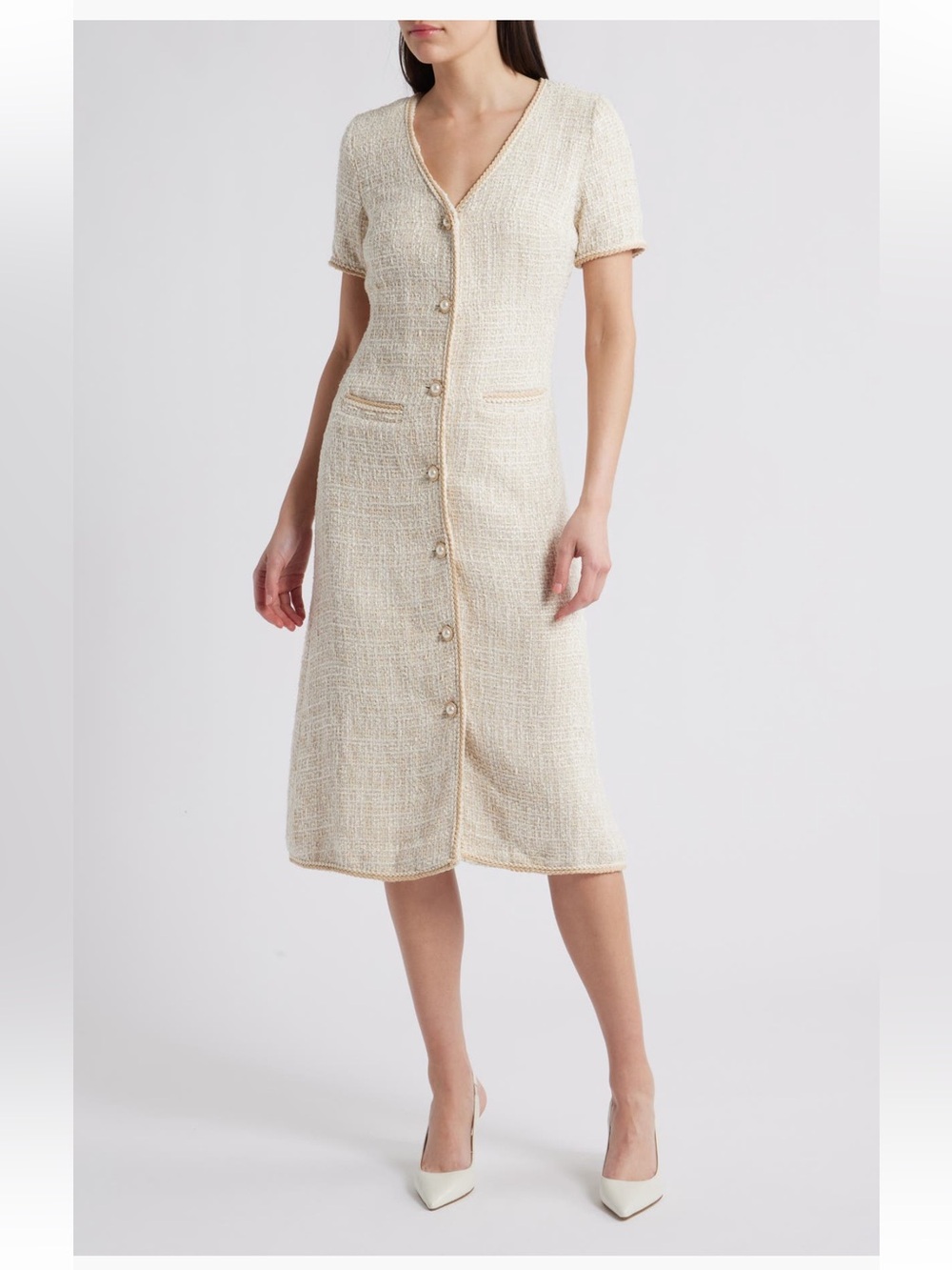 ZOE AND CLAIRE V Neck Button Front Tweed Midi Dress light khaki medium NWT